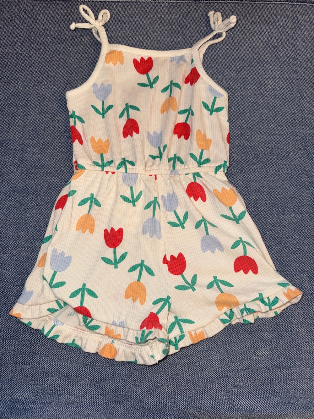 Old Navy White Floral Tulip Romper with Red, Yellow & Light Blue Flowers